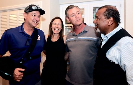 Newly elected Kings County District Attorney Sarah Hacker celebrates with Sheriff David Robinson, Capt. Karl Anderson, and former Kings County Sheriff Chris Jordon.